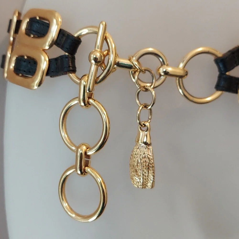 Vintage Late 1980s/Early 1990s Gold Chain & Woven Black Leather Double Link Belt - Picture 5 of 16